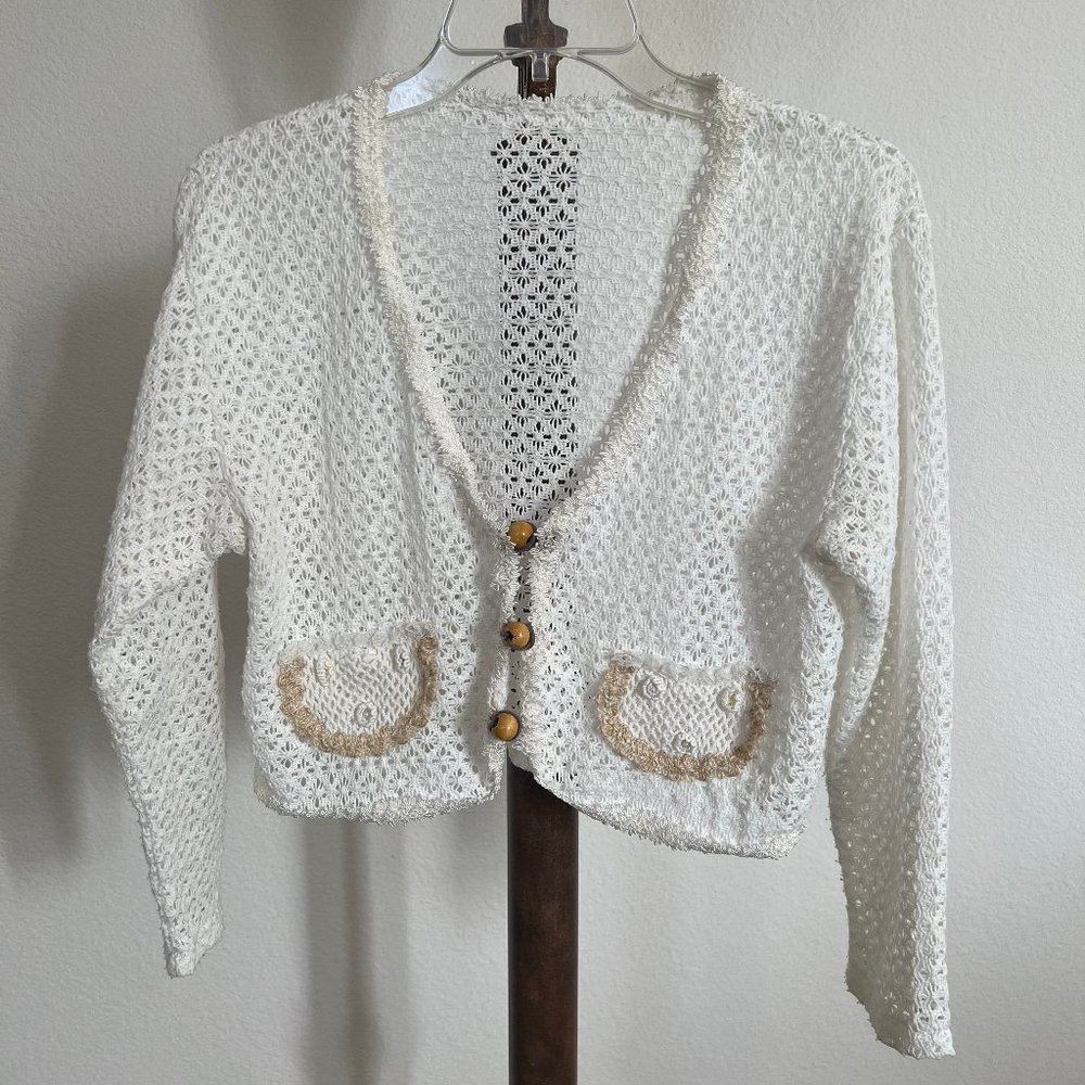 Women's Size S White Open-Knit Button-Front Drop Shoulder V-Neck Cardigan